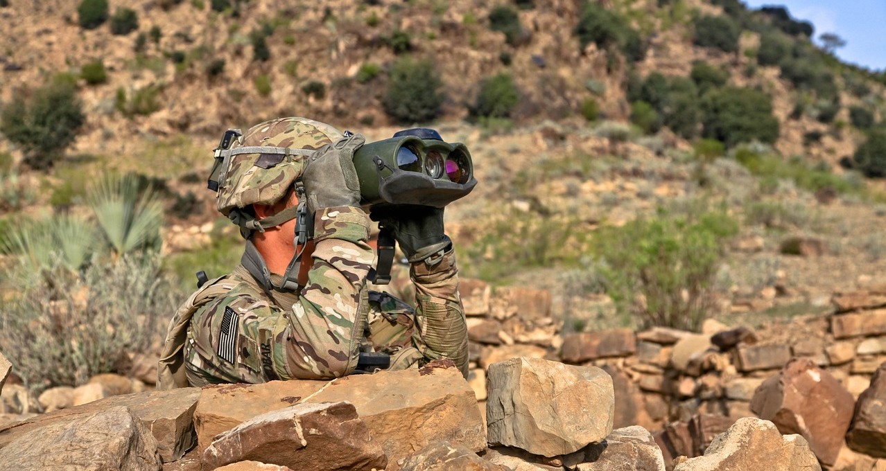 soldier in camouflage uniform with binoculars