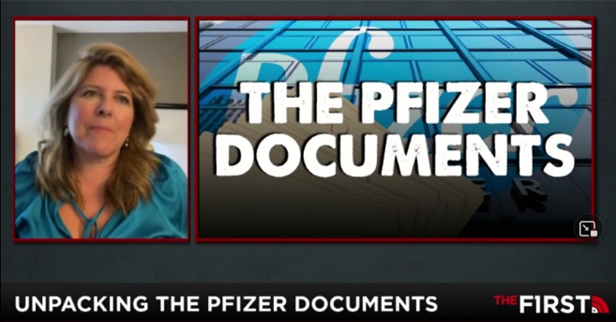 Naomi Wolf on screen with Pfizer sign