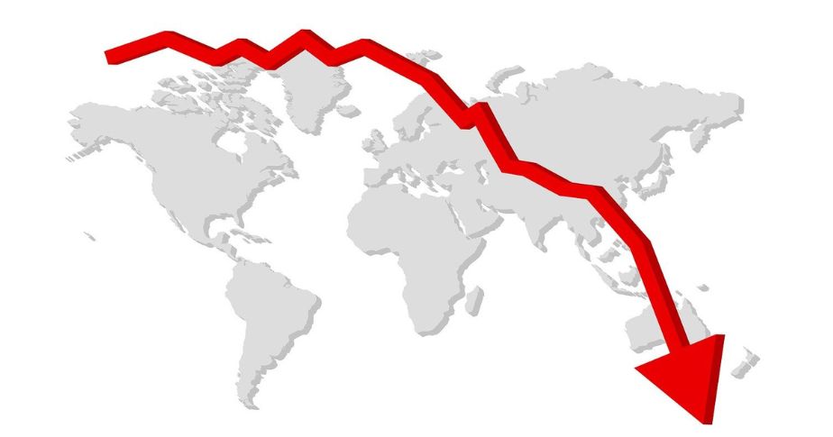 world map with red downwards arrow