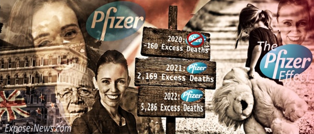 Collage with Ardern Schwab Pfizer and NZ mortality statistics