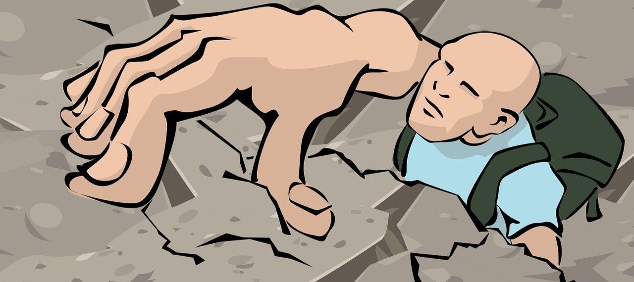 cartoon character climbing rock cliff